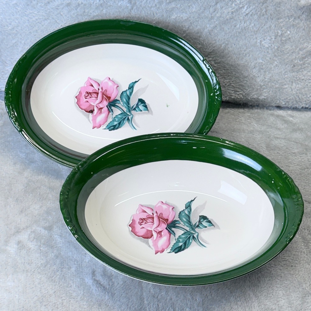 Vintage Nautilus Rose Oval Bowls Grannycore Set of 2 Green Rim Floral Made USA - Picture 8 of 12